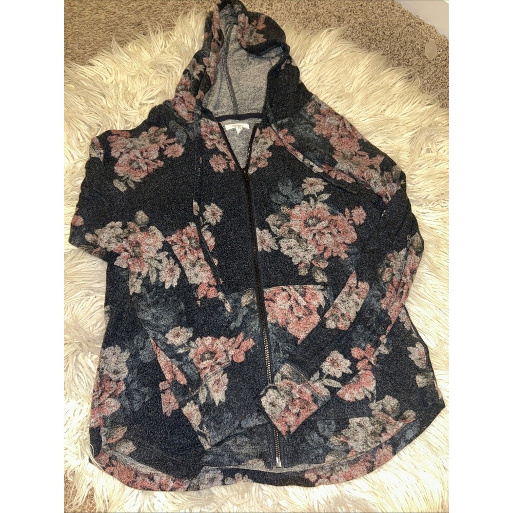 Maurices Women’s Medium Zip Up Charcoal Light Pink Floral Hoodie Lightweight